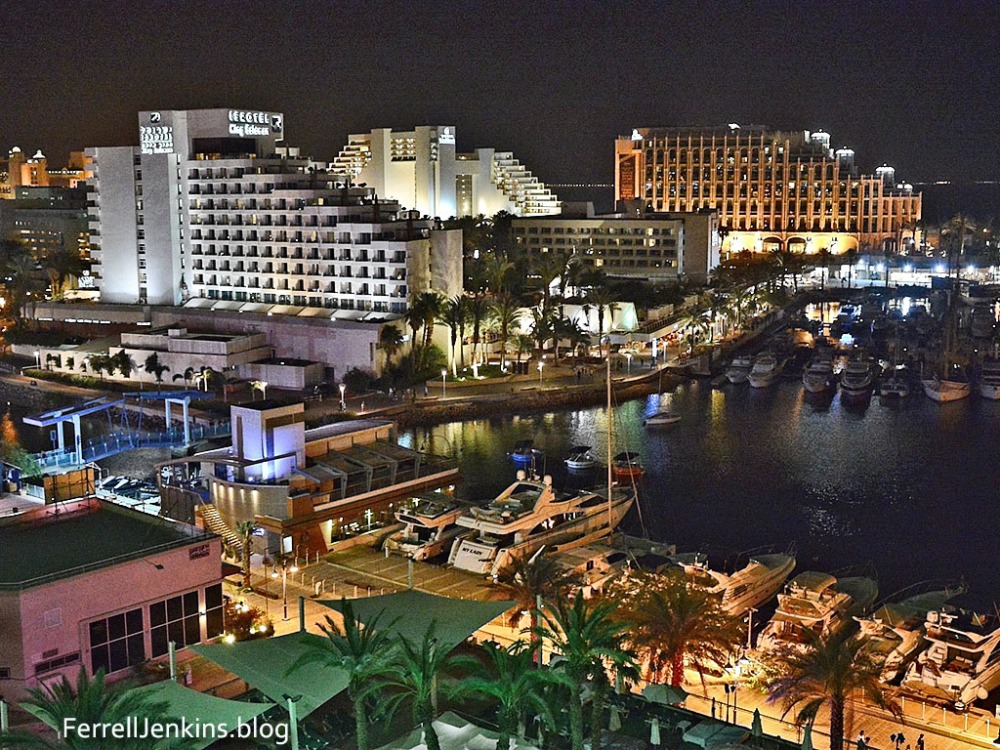 The resort hotels of Eilat are brightly lit at night. Photo by Ferrell Jenkins.